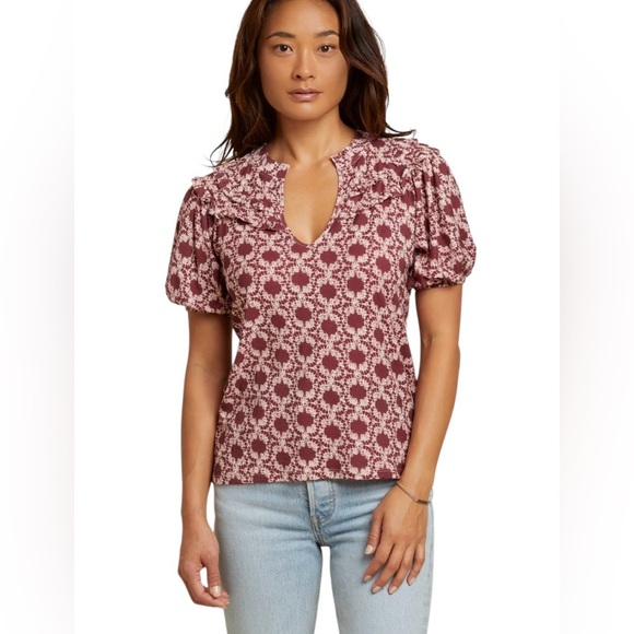 Anthropologie Nation Ltd. Judith Yoked Ikat Burgundy Ruffled Boho Top Sz XS - Picture 1 of 7